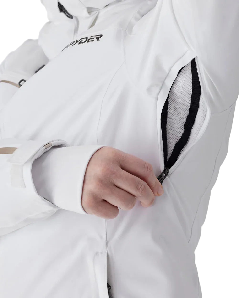 Women’s insulated white jacket sleeve and side pocket with textured fabric panel