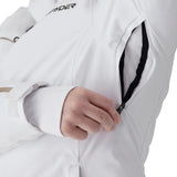 Women’s insulated white jacket sleeve and side pocket with textured fabric panel