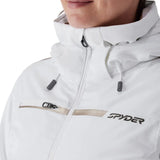 Women’s insulated white jacket close-up with hood drawcords, zip front, and stripe