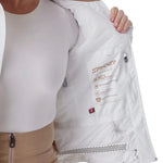 Women’s insulated white jacket open front, interior specs patch and side storage pocket