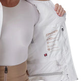 Women’s insulated white jacket open front, interior specs patch and side storage pocket