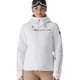 Women’s insulated white ski jacket with hood, faux-fur pom, and full front zipper