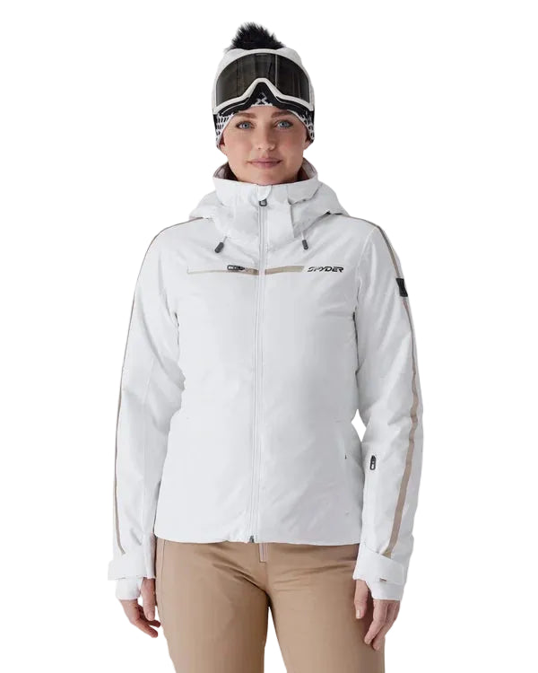 Women’s insulated white ski jacket with hood, faux-fur pom, and full front zipper