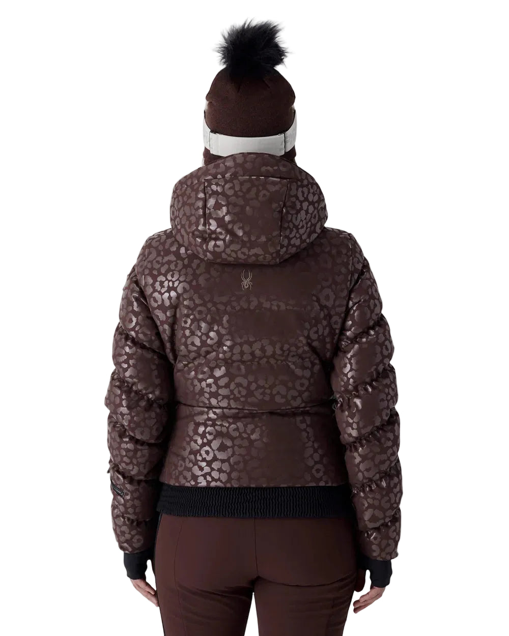 Women’s insulated ski jacket with leopard-print hood, full front zipper, dark trim