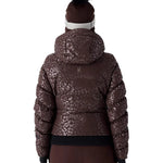 Women’s insulated ski jacket with leopard-print hood, full front zipper, dark trim