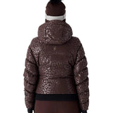 Women’s insulated ski jacket with leopard-print hood, full front zipper, dark trim