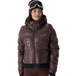 Women’s leopard-print insulated jacket with faux-fur hood and goggles-style headband