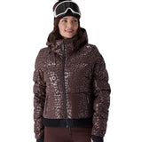 Women’s leopard-print insulated jacket with faux-fur hood and goggles-style headband