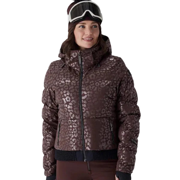 Women’s leopard-print insulated jacket with faux-fur hood and goggles-style headband
