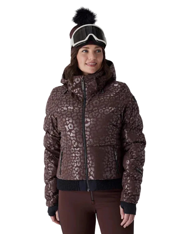 Women’s leopard-print insulated jacket with faux-fur hood and goggles-style headband