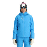 Spyder Women's Temerity Insulated Jacket - A bright blue ski jacket with a hood, zippered pockets and white drawstrings.