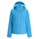 Spyder Women's Temerity Insulated Jacket 2025 - A light blue jacket with a hood, featuring white drawstrings and silver zippers.