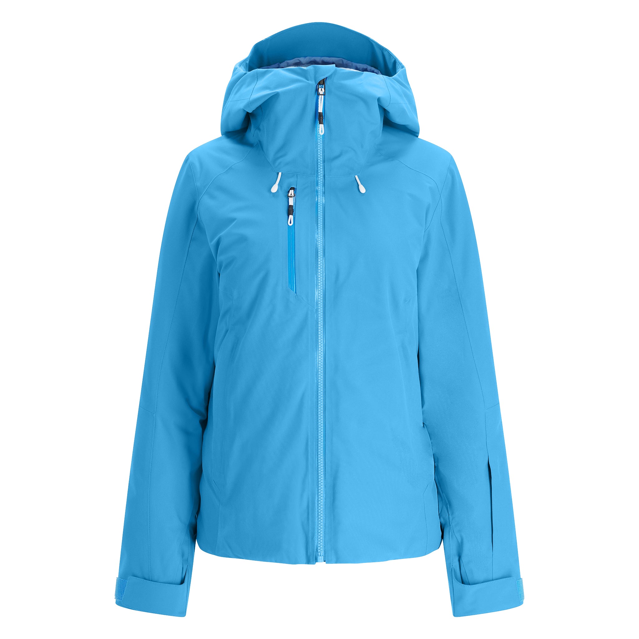 Spyder Women's Temerity Insulated Jacket 2025 - A light blue jacket with a hood, featuring white drawstrings and silver zippers.