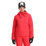Spyder Women's Temerity Insulated Jacket - A coral-colored jacket with a black zipper and two zippered pockets on either side.