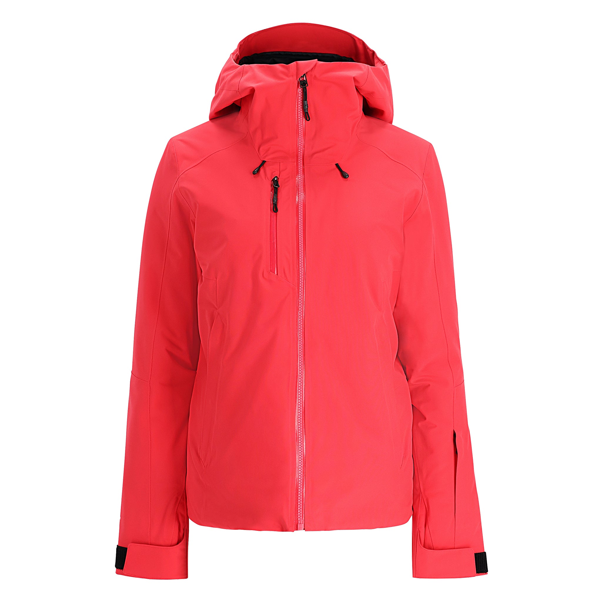 Spyder Women's Temerity Insulated Jacket - A coral-colored jacket with a hood, featuring black zippers and adjustable cuffs.