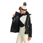 Spyder Women's Andorra Insulated Jacket 2025 - Black jacket with white logo on left chest and black zipper.