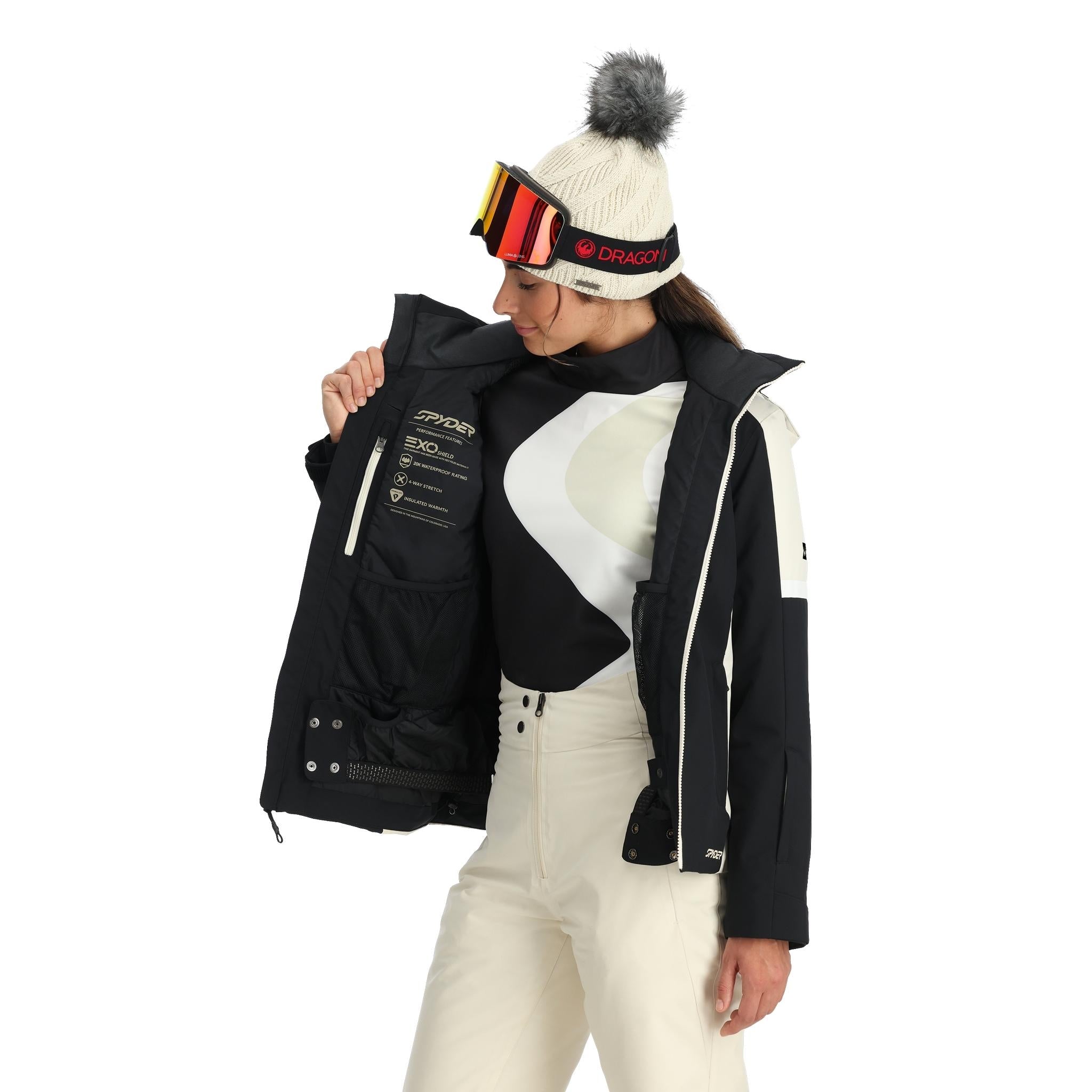 Spyder Women's Andorra Insulated Jacket 2025 - Black jacket with white logo on left chest and black zipper.