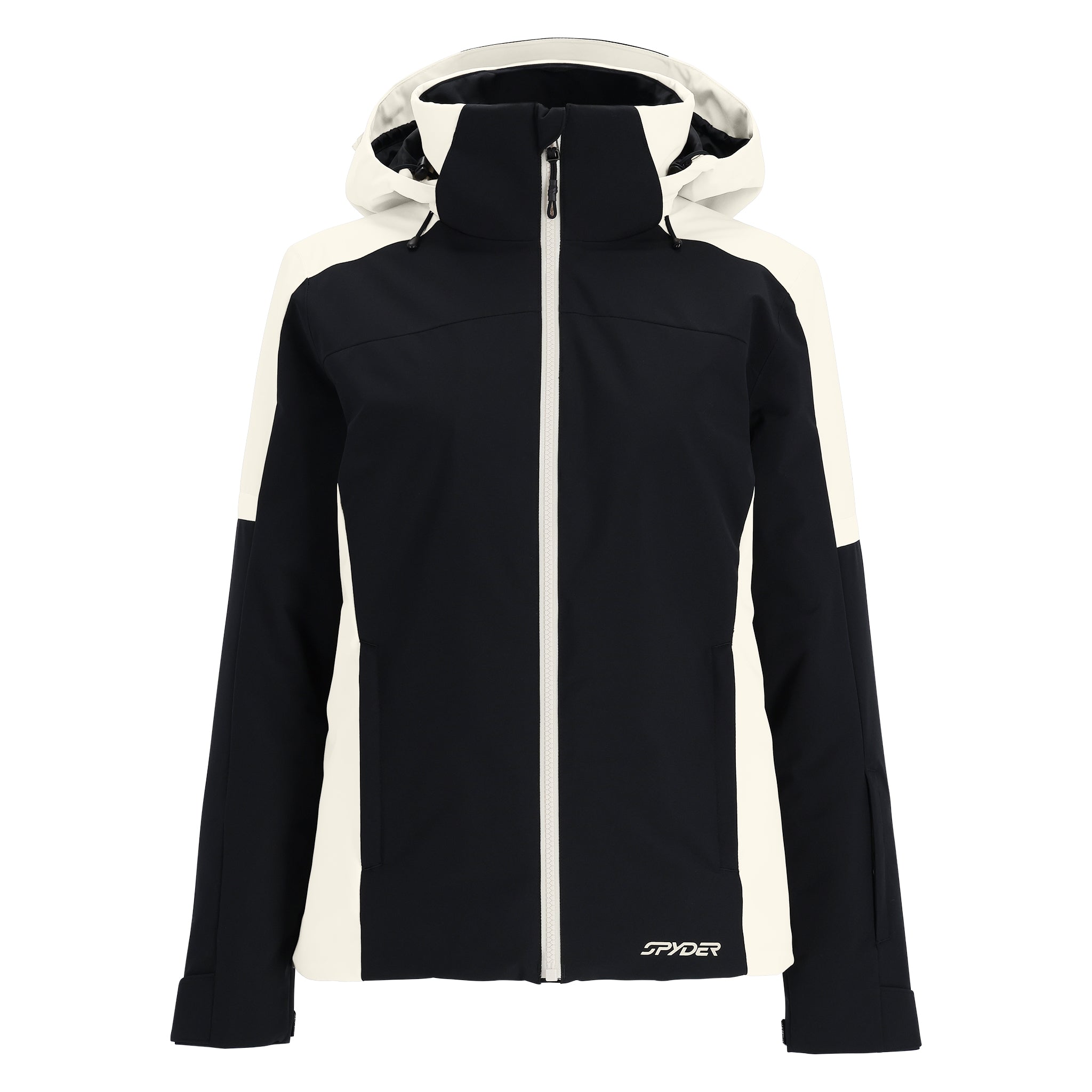 Spyder Women's Andorra Insulated Jacket 2025 - A black jacket with a white zipper and two zippered pockets on either side, featuring a hood and adjustable cuffs.