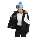 Spyder Women's Vida Insulated Faux Fur Jacket - A black jacket with a faux fur-lined hood and white accents on the sleeves.