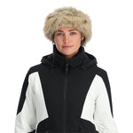 Spyder Women's Vida Insulated Faux Fur Jacket - A black and white jacket with a faux fur trim on the hood, featuring a zipper closure and two zippered pockets.