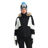Spyder Women's Vida Insulated Faux Fur Jacket 2025 - A black and white jacket with a faux fur hood trim, featuring a zippered front closure.