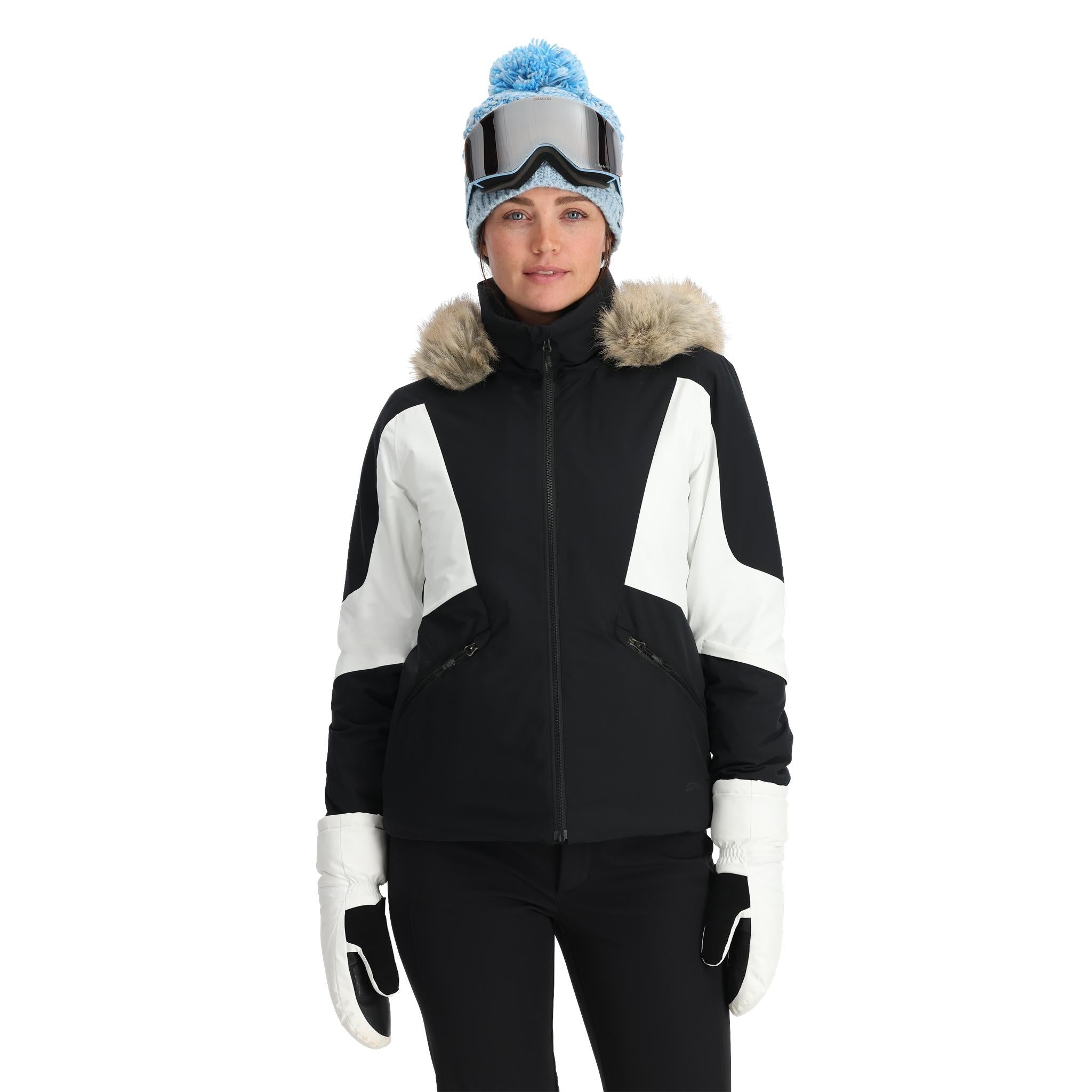 Spyder Women's Vida Insulated Faux Fur Jacket 2025 - A black and white jacket with a faux fur hood trim, featuring a zippered front closure.