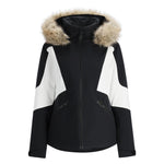 Spyder Women's Vida Insulated Faux Fur Jacket 2025 - A black and white jacket with a faux fur-lined hood, featuring a zippered front and two side pockets.