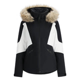 Spyder Women's Vida Insulated Faux Fur Jacket 2025 - A black and white jacket with a faux fur-lined hood, featuring a zippered front and two side pockets.