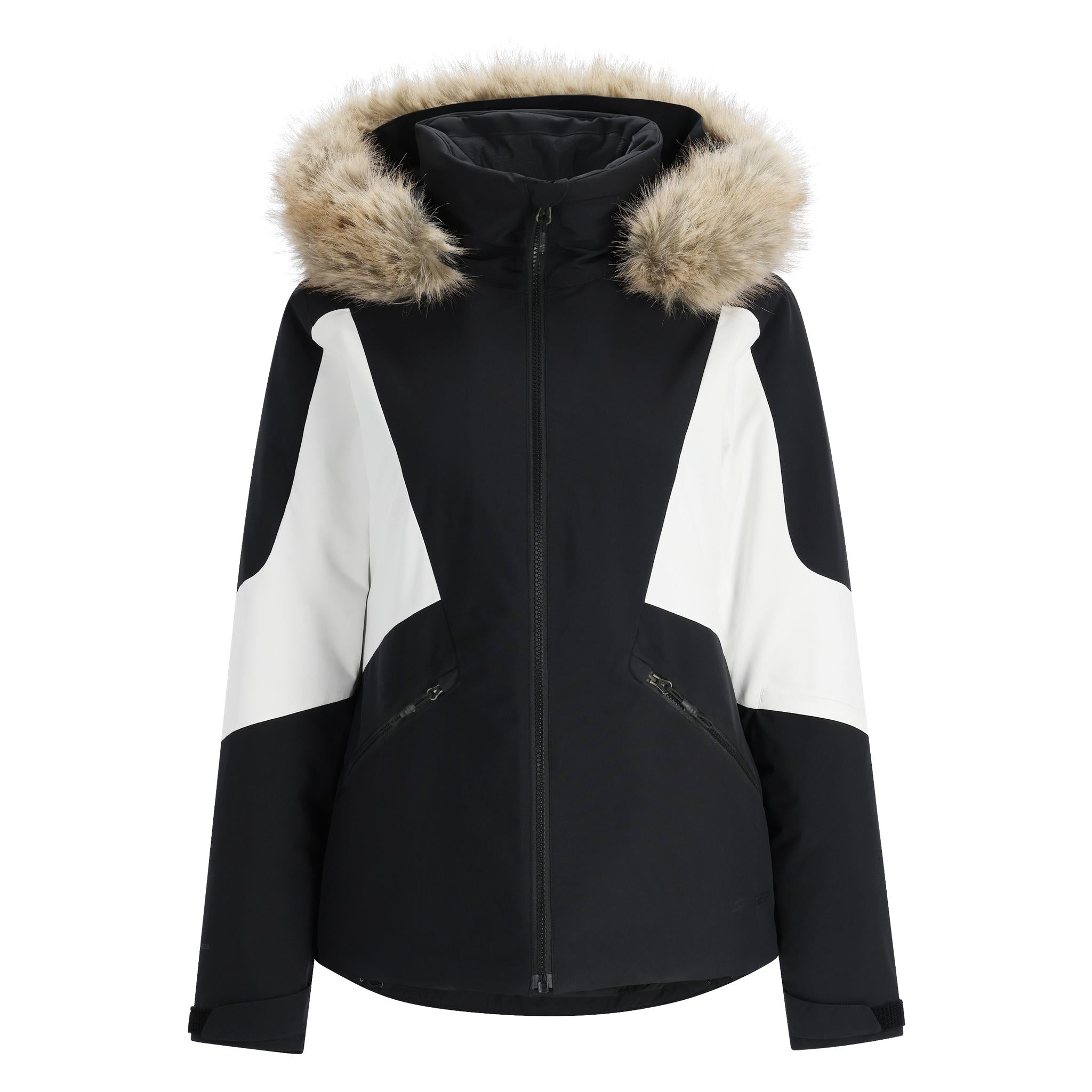 Spyder Women's Vida Insulated Faux Fur Jacket 2025 - A black and white jacket with a faux fur-lined hood, featuring a zippered front and two side pockets.