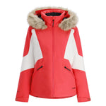 Spyder Women's Vida Insulated Faux Fur Jacket 2025 - A coral-colored jacket with a faux fur-lined hood and white accents on the sleeves.