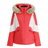 Spyder Women's Vida Insulated Faux Fur Jacket 2025 - A coral-colored jacket with a faux fur-lined hood and white accents on the sleeves.
