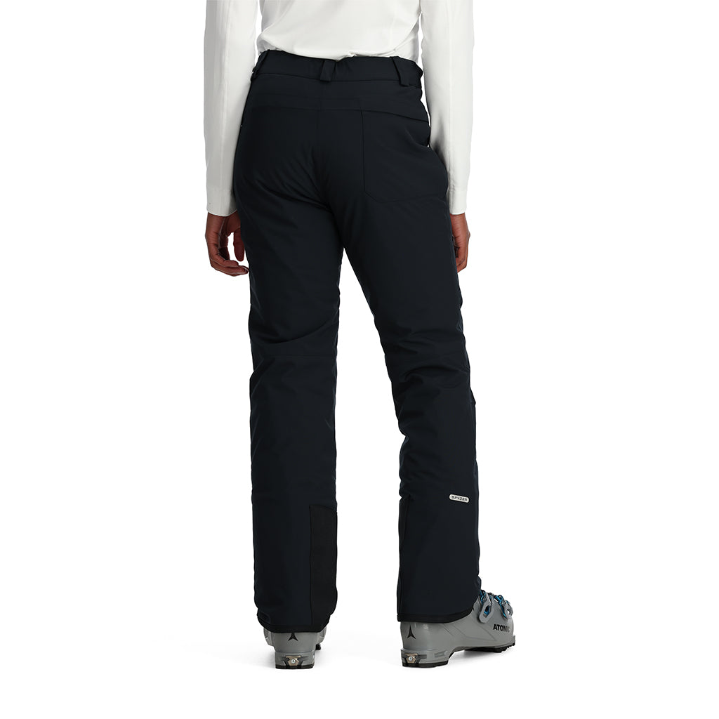 Spyder Women's Section Insulated Pants 2025 - Black pants with a subtle white logo on the left thigh and a small black zipper pull on the right pocket.