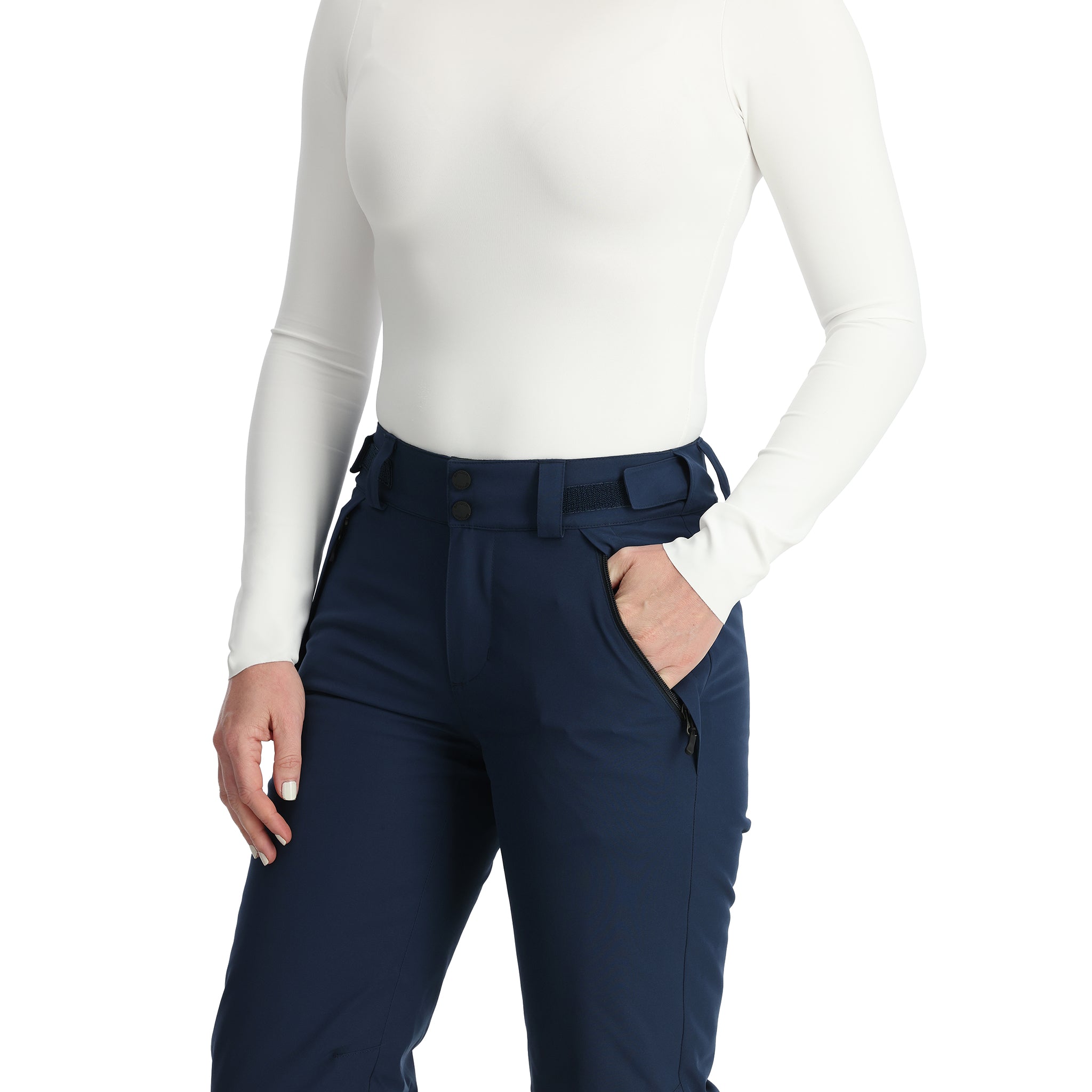 Spyder Women's Section Insulated Pants 2025 - Dark-colored, insulated ski pants with a zippered pocket on the side and a belt loop at the waist.