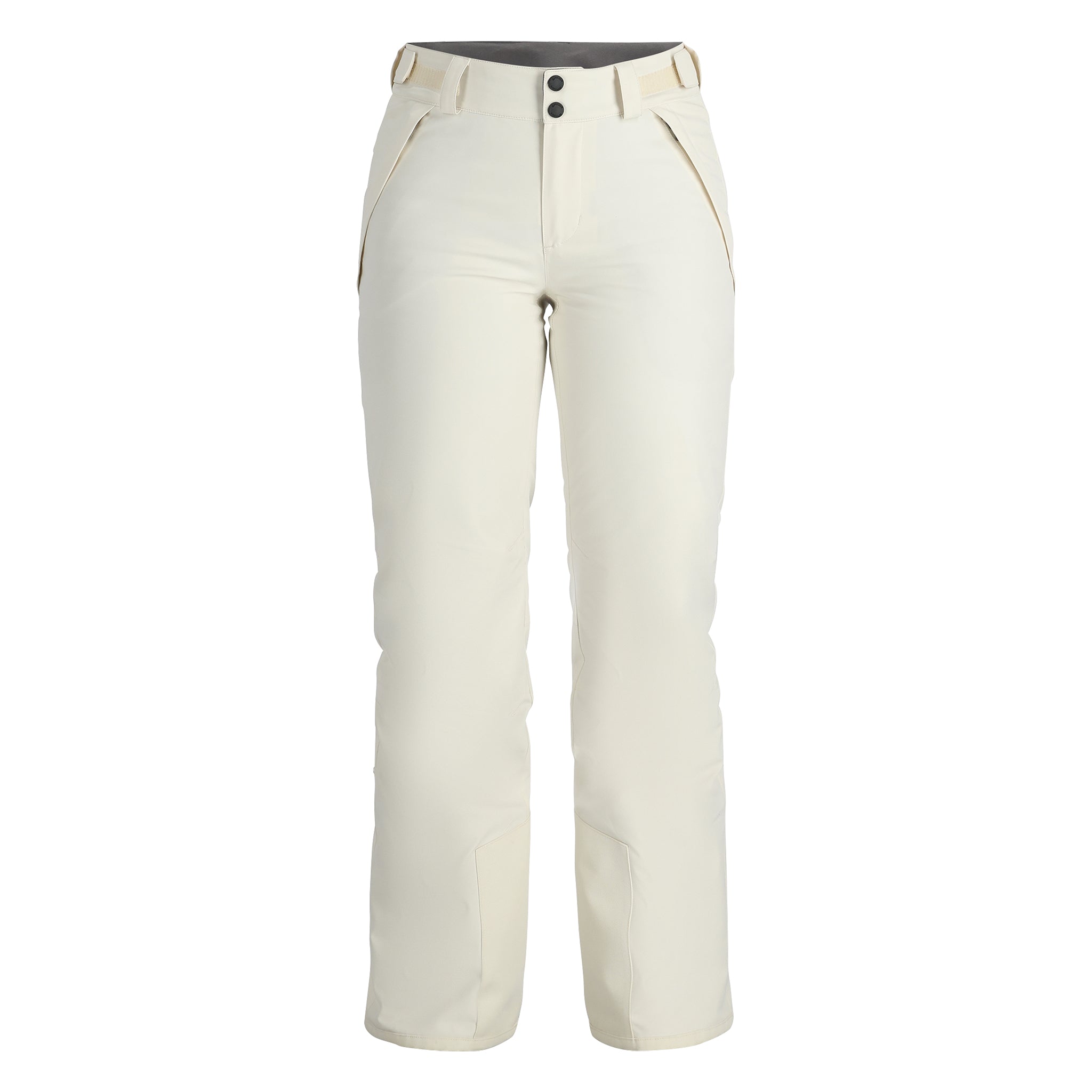 Spyder Women's Section Insulated Pants 2025 - Beige snow pants with a black logo on the left thigh and two zippered pockets on the side.