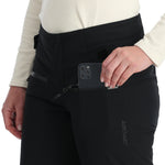 Spyder Women's Winner Insulated Short Pants - Black pants with a subtle white stripe on the side, featuring a zippered pocket and adjustable waistband.
