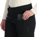 Spyder Women's Winner Insulated Tall Pants 2025 - Black pants with a subtle white pattern on the left leg, featuring a zippered pocket and adjustable waistband.