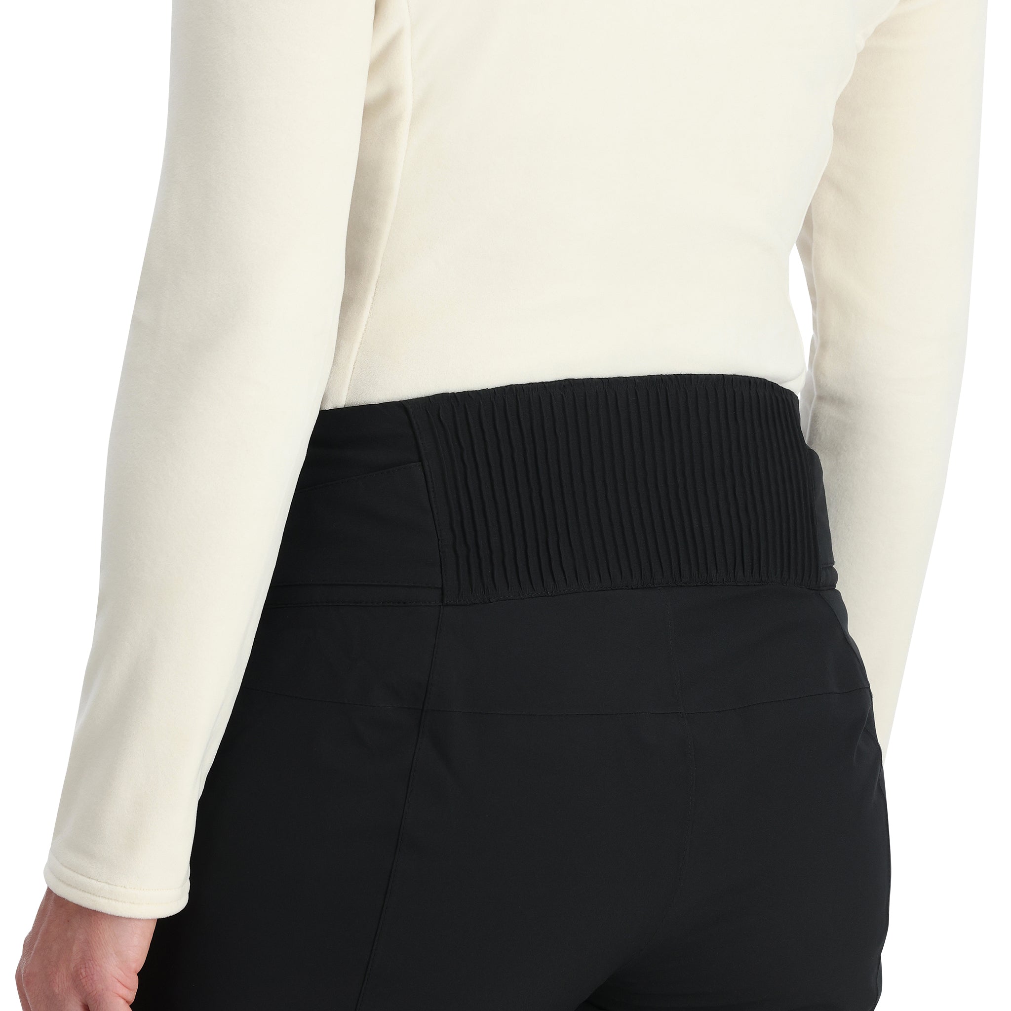 Spyder Women's Winner Insulated Short Pants 2025 - Black insulated ski pants with a ribbed waistband and zippered pockets.