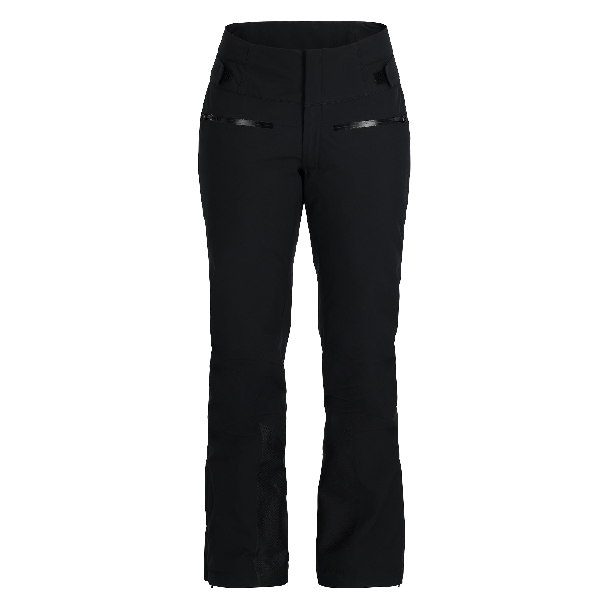 Spyder Women's Winner Insulated Short Pants 2025 - Black ski pants with zippered pockets and a shiny black stripe on the side.
