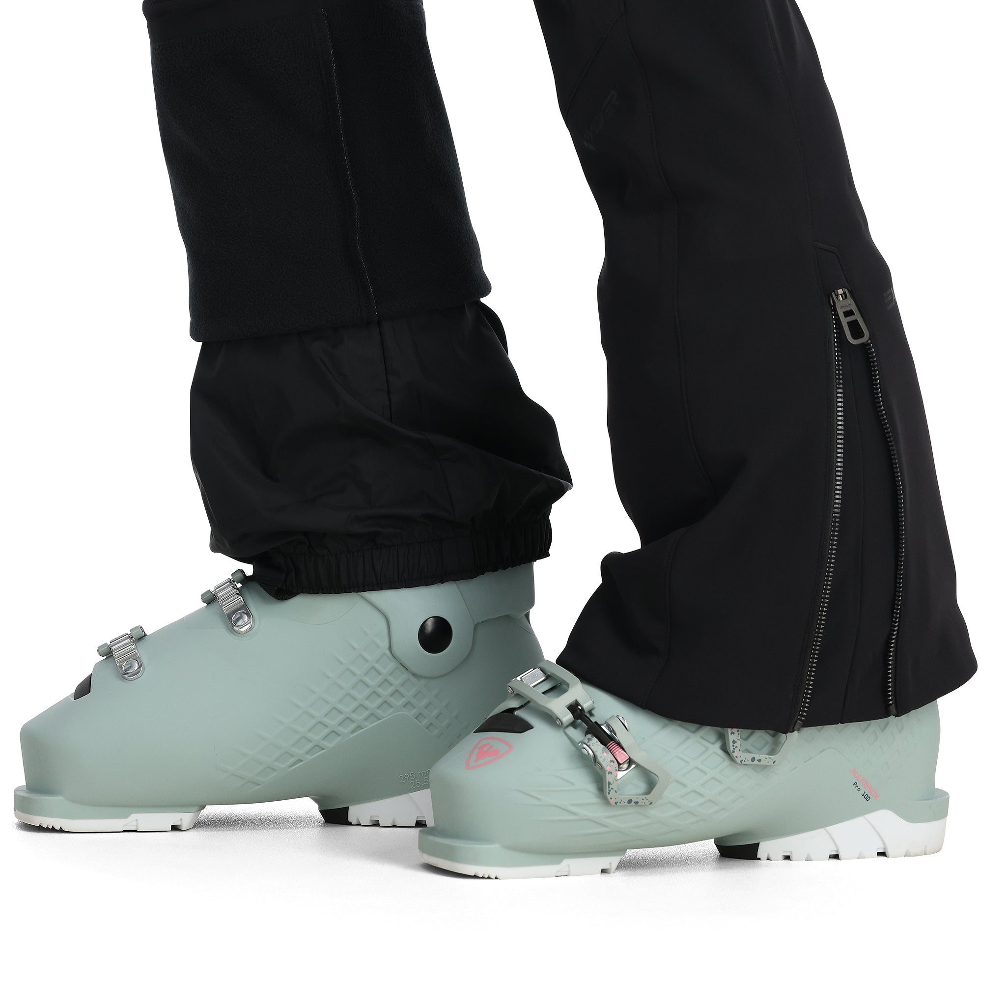 Spyder Women's Strutt Softshell Bibs - Pair of black bib snow pants with a subtle pattern and zippered pockets.