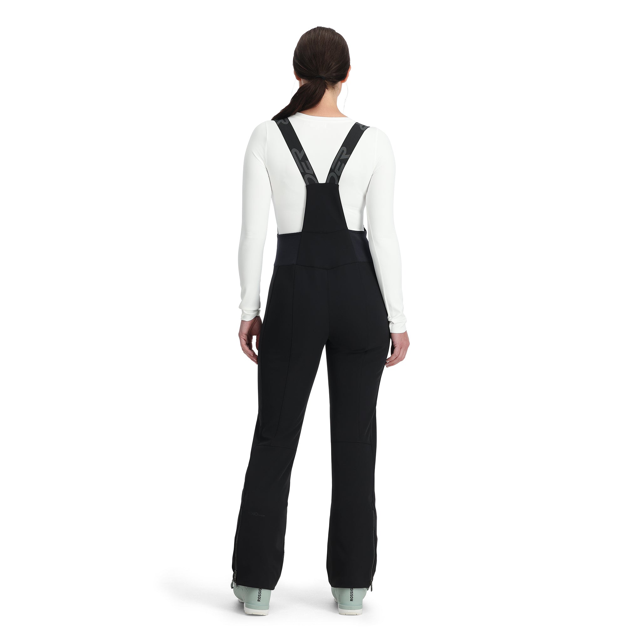 Spyder Women's Strutt Softshell Bibs - Black bibs with a subtle pattern of thin white lines on the upper thigh area.