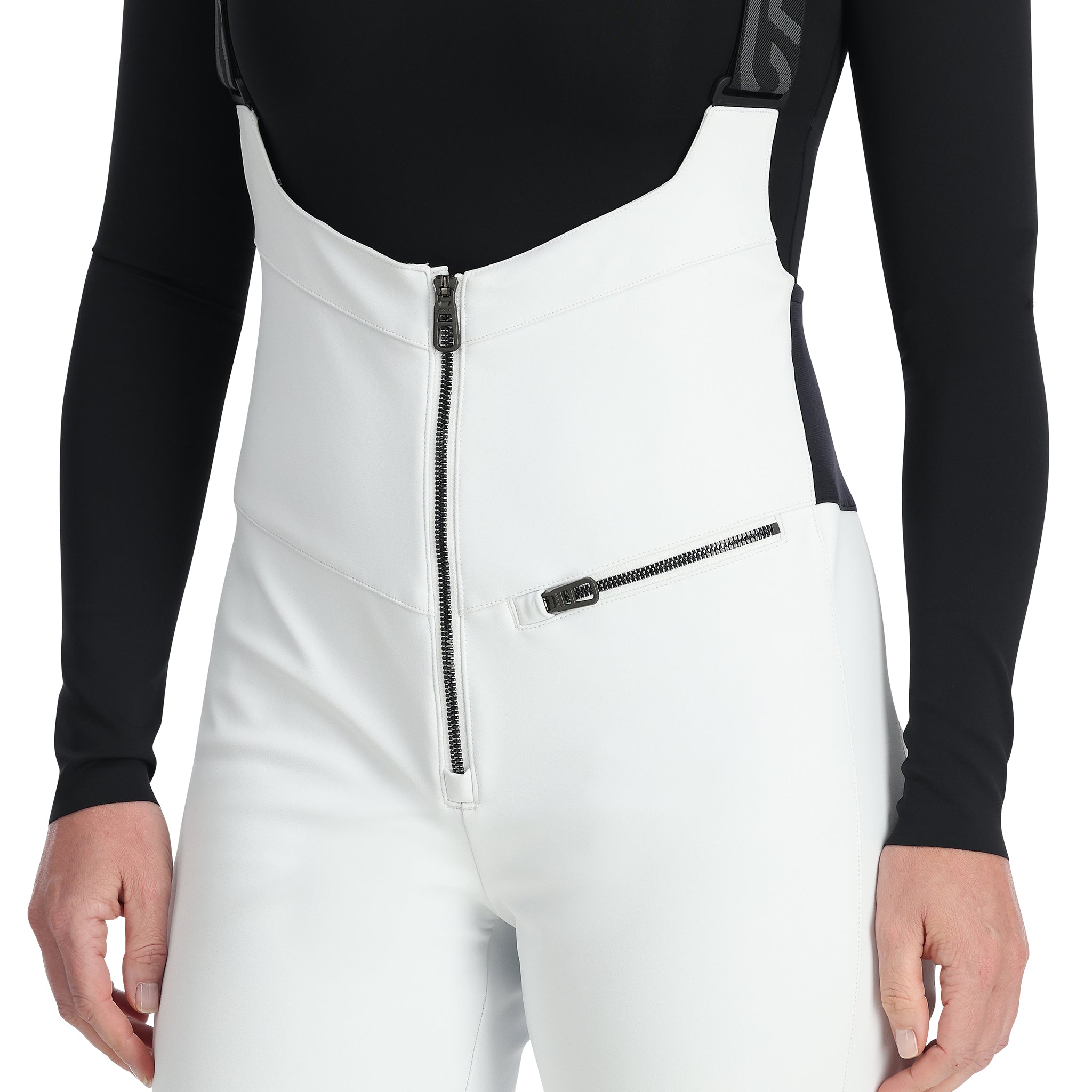 Spyder Women's Strutt Softshell Bibs - White bibs with a black zipper and gray logo on the left leg.