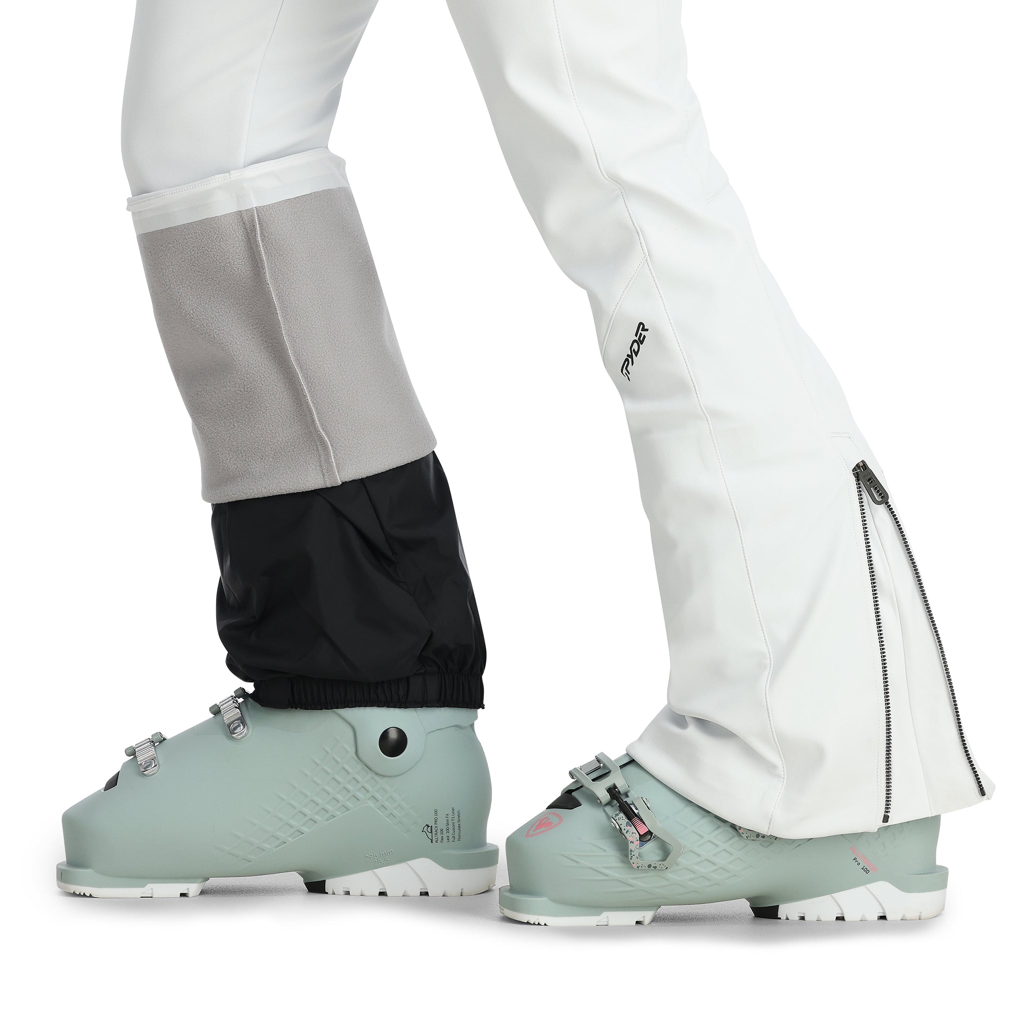 Spyder Women's Strutt Softshell Bibs - A pair of black and gray snow bib pants with a zippered fly, pockets, and adjustable cuffs.