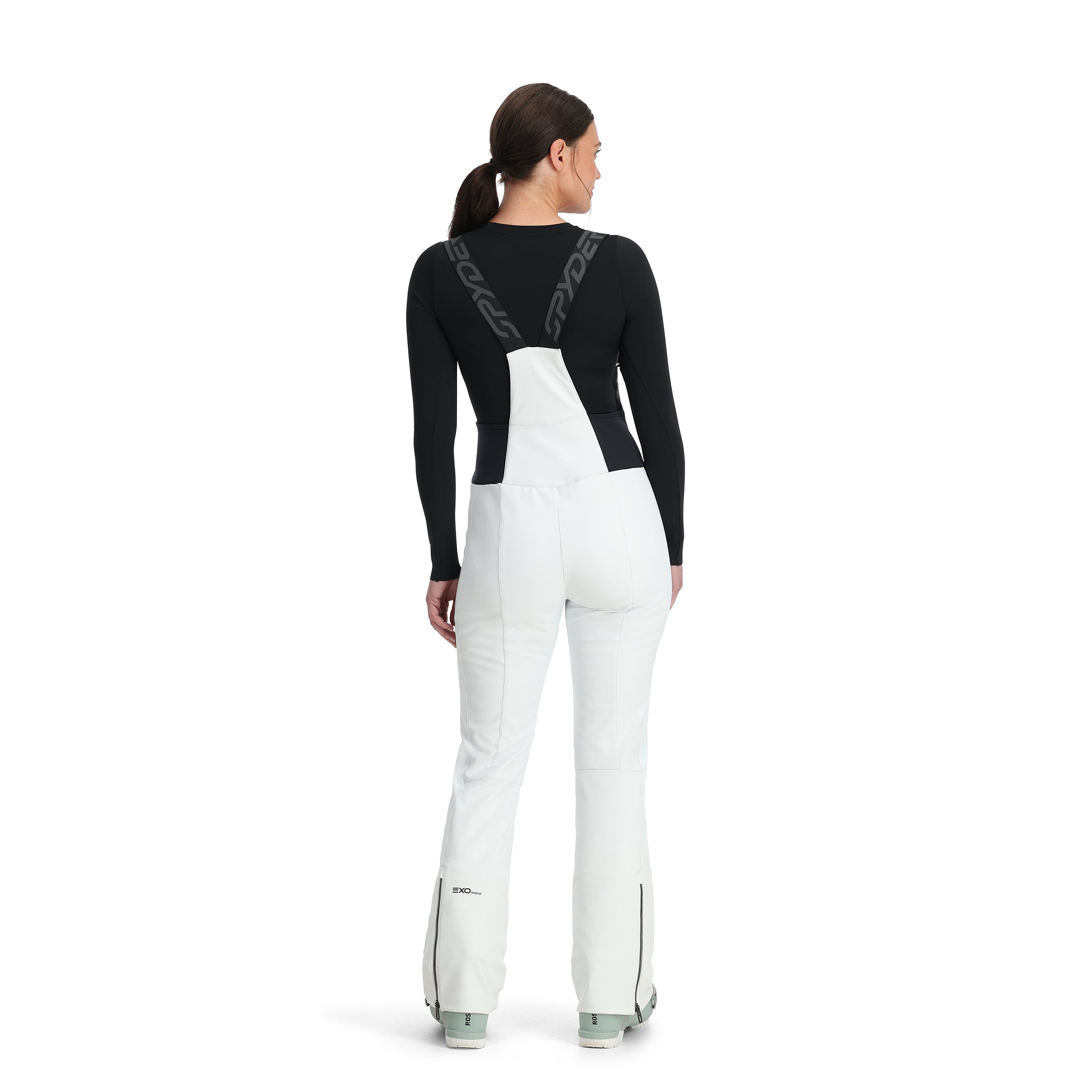 Spyder Women's Strutt Softshell Bibs - White bibs with a black waistband and logo on left leg.