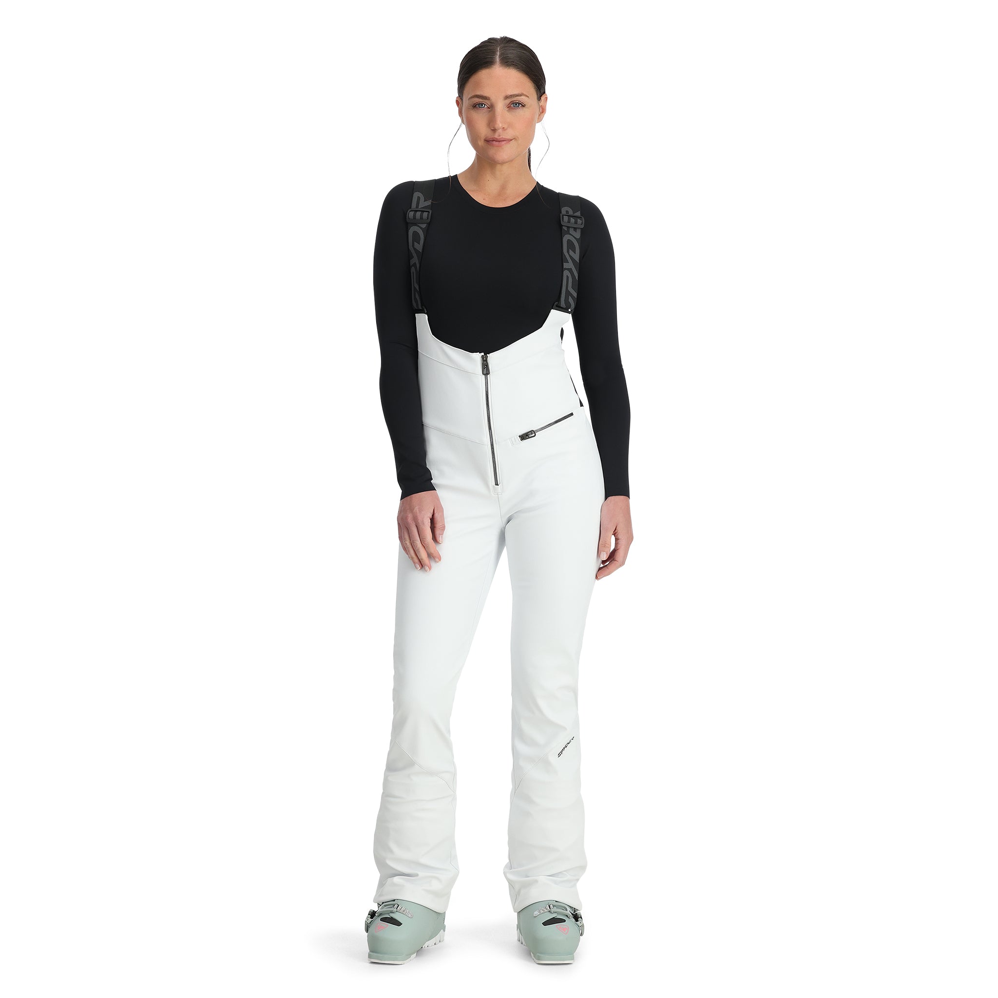Spyder Women's Strutt Softshell Bibs - White bibs with black logo on left leg and gray straps.