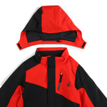 Spyder Boys' Turner Insulated Jacket 2025 - A red and black insulated jacket with a hood, featuring a spider logo on the left chest.