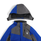 Spyder Boys' Turner Insulated Jacket 2025 - A blue and gray insulated jacket with a hood, featuring a white spider logo on the left chest.