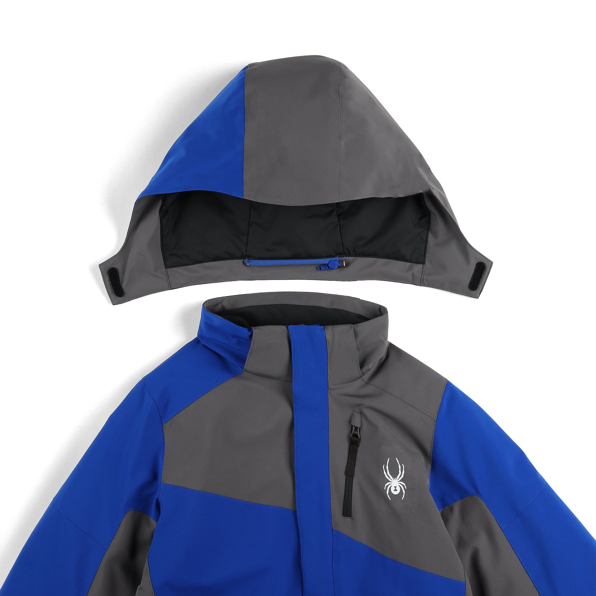 Spyder Boys' Turner Insulated Jacket 2025 - A blue and gray insulated jacket with a hood, featuring a white spider logo on the left chest.