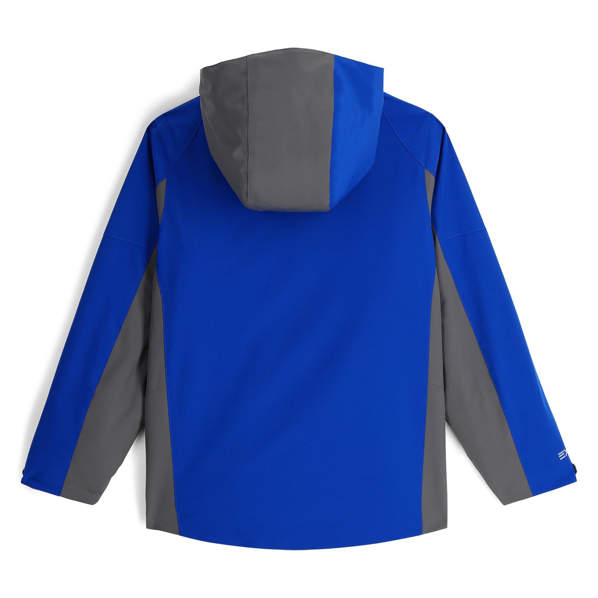Spyder Boys' Turner Insulated Jacket 2025 - A royal blue jacket with a gray hood and black accents on the shoulders, featuring a zipper closure.