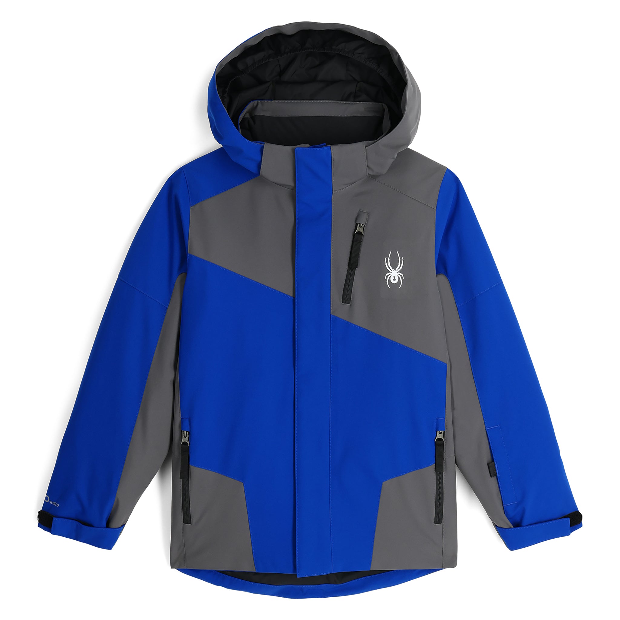 Spyder Boys' Turner Insulated Jacket 2025 - A blue and gray insulated jacket with a hood, featuring a white spider logo on the left chest area.