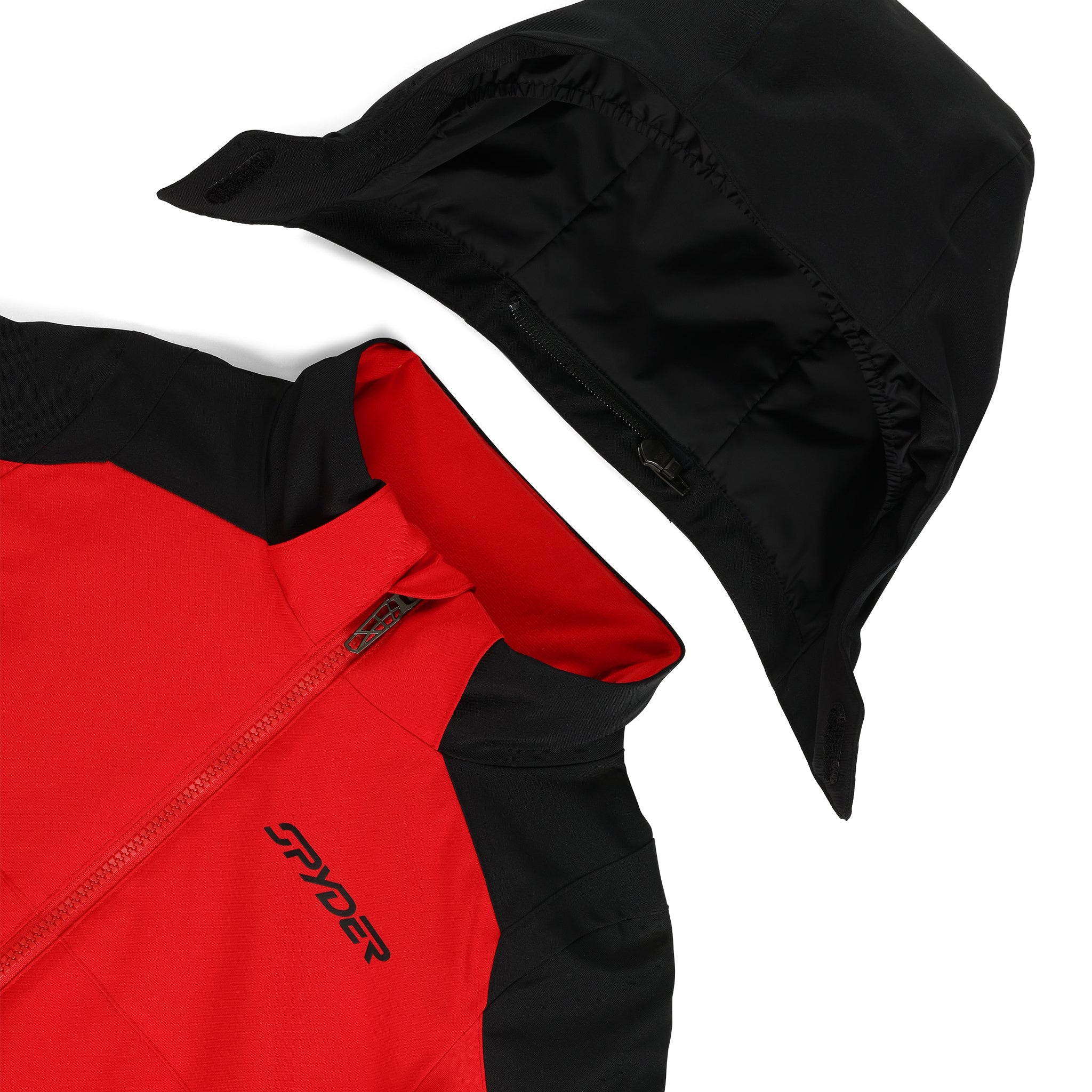 Spyder Youth Challenger Insulated Jacket 2025 - A red and black jacket with a zipper down the front, featuring a hood and Spyder logo on the chest.